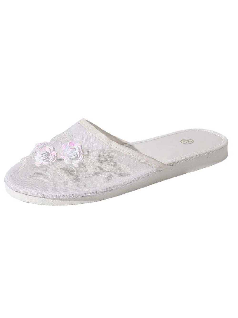 White Beaded Floral Mesh Slide Mule